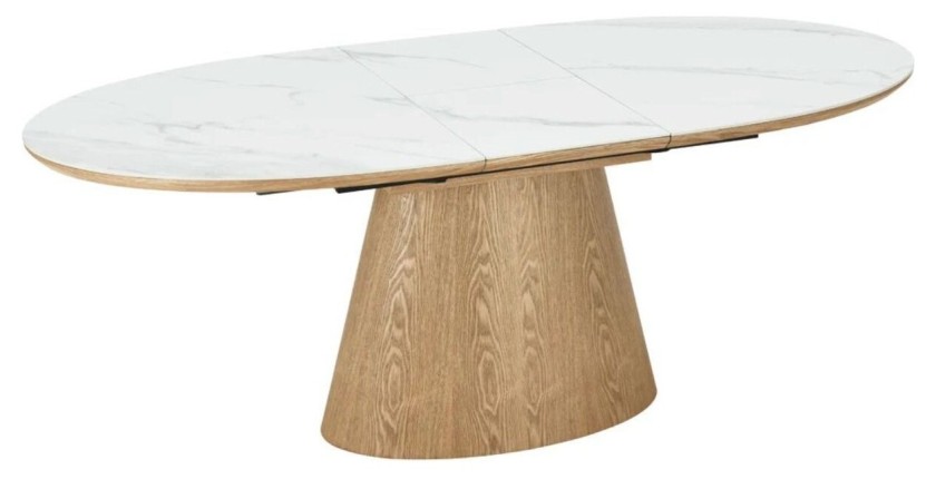 Table LUMEA – Céramique effet marbre blanc et bois – 160-200 cm – Extensible – Forme ovale