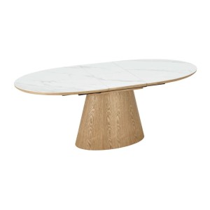 Table LUMEA – Céramique effet marbre blanc et bois – 160-200 cm – Extensible – Forme ovale