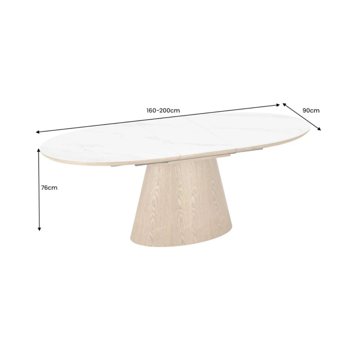 Table LUMEA – Effetto marmo bianco ceramico e legno – 160-200 cm – Estensibile – Forma ovale