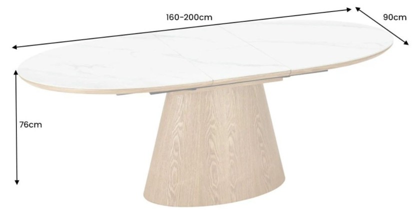 Table LUMEA – Céramique effet marbre blanc et bois – 160-200 cm – Extensible – Forme ovale