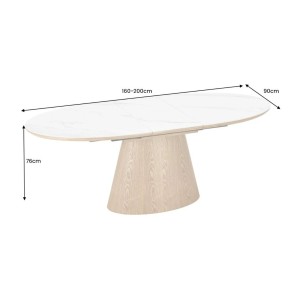 Table LUMEA – Céramique effet marbre blanc et bois – 160-200 cm – Extensible – Forme ovale