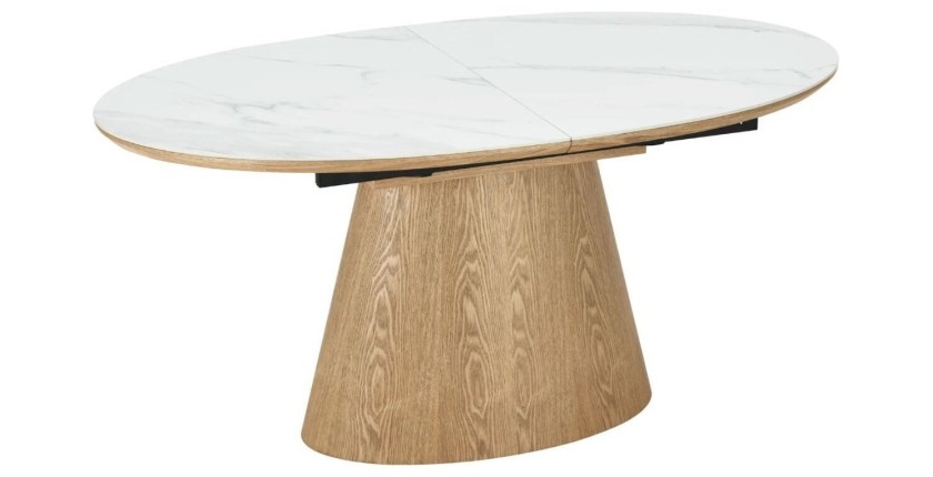 Table LUMEA – Céramique effet marbre blanc et bois – 160-200 cm – Extensible – Forme ovale
