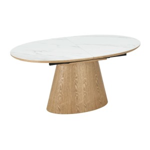 Table LUMEA – Céramique effet marbre blanc et bois – 160-200 cm – Extensible – Forme ovale