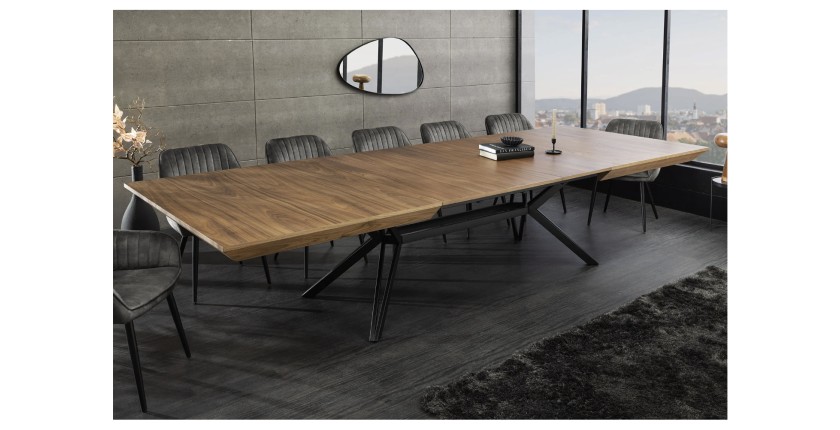Table de salle à manger RADIAM – MDF plaqué noyer foncé et métal – 200-320 cm – Extensible