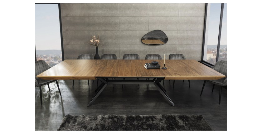Table de salle à manger RADIAM – MDF plaqué noyer foncé et métal – 200-320 cm – Extensible