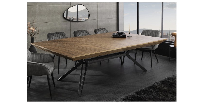 Table de salle à manger RADIAM – MDF plaqué noyer foncé et métal – 200-320 cm – Extensible