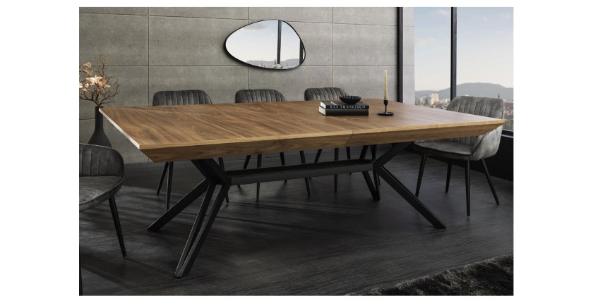 Table de salle à manger RADIAM – MDF plaqué noyer foncé et métal – 200-320 cm – Extensible