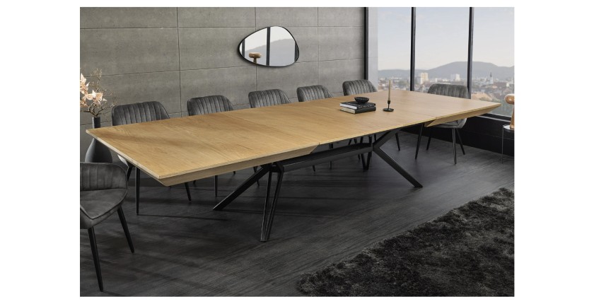 Table de salle à manger RADIAM – MDF plaqué noyer clair et métal – 200-320 cm – Extensible