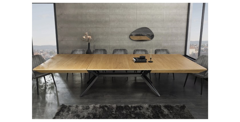 Table de salle à manger RADIAM – MDF plaqué noyer clair et métal – 200-320 cm – Extensible