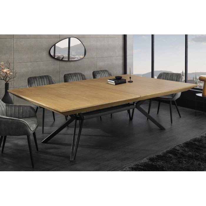 Eettafel RADIAM – MDF met licht notenhoutfineer en metaal – 200-320 cm – Uitschuifbaar