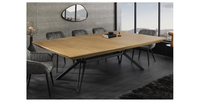 Table de salle à manger RADIAM – MDF plaqué noyer clair et métal – 200-320 cm – Extensible