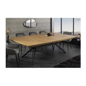 Table de salle à manger RADIAM – MDF plaqué noyer clair et métal – 200-320 cm – Extensible