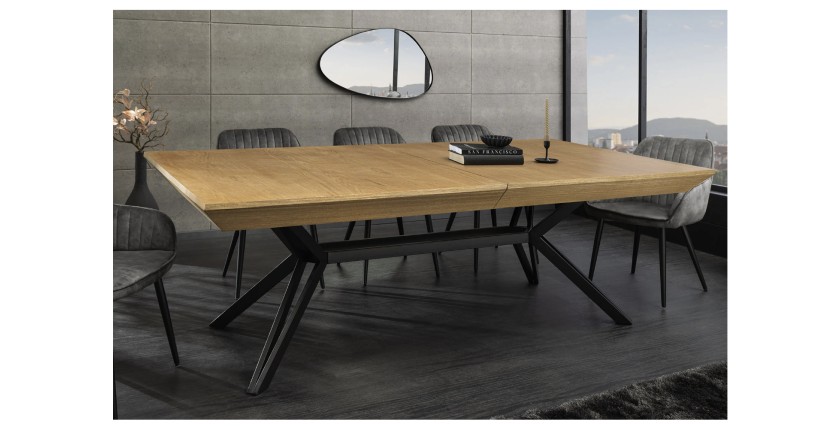 Table de salle à manger RADIAM – MDF plaqué noyer clair et métal – 200-320 cm – Extensible