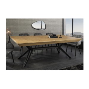 Table de salle à manger RADIAM – MDF plaqué noyer clair et métal – 200-320 cm – Extensible