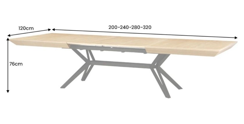 Table de salle à manger RADIAM – MDF plaqué noyer clair et métal – 200-320 cm – Extensible