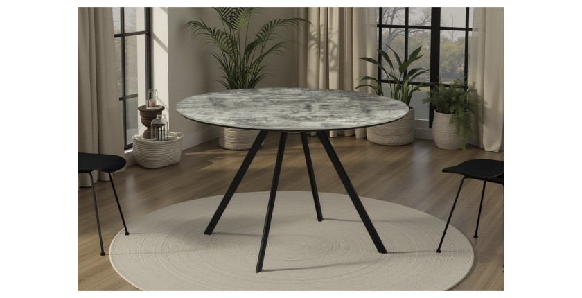 Table de salle à manger SOREN – Aspect pierre et métal – 120 cm – Ronde – Style moderne