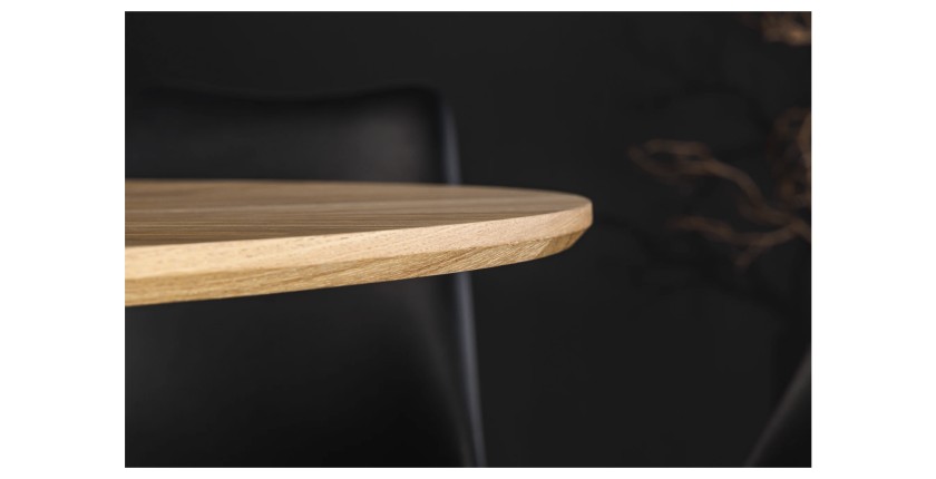 Zoom sur la tranche de la table SOREN ronde 120cm avec pied original et plateau à motif
