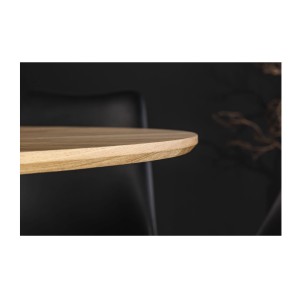 Zoom sur la tranche de la table SOREN ronde 120cm avec pied original et plateau à motif