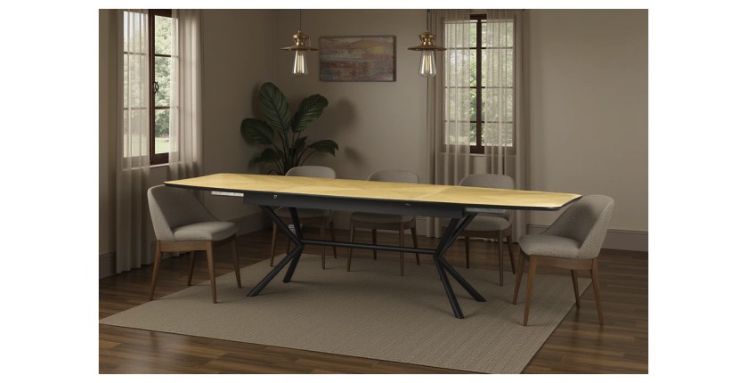 Table de salle à manger GRANI – Placage chêne clair et métal – 180-270 cm – Extensible