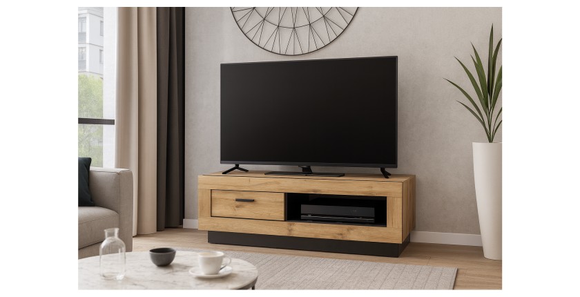 Meuble TV MALAGA - Coloris chêne Wotan et noir - Style industriel - 120 x 45 x 48 cm