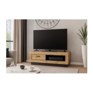 Meuble TV MALAGA - Coloris chêne Wotan et noir - Style industriel - 120 x 45 x 48 cm