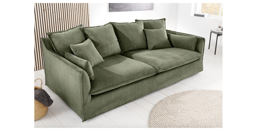 Canapé KALIA côtelé vert 3 places vu de côté