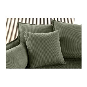 Zoom sur les coussins du canapé KALIA vert côtelé 3 places