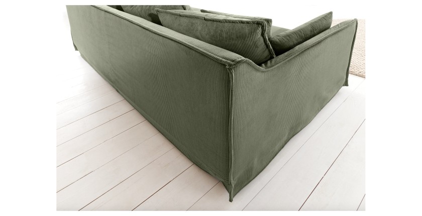 Zoom sur le dos du canapé KALIA vert côtelé 3 places