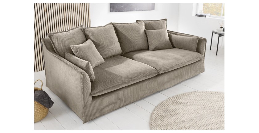 Canapé droit KALIA en tissu côtelé beige gris vu de côté