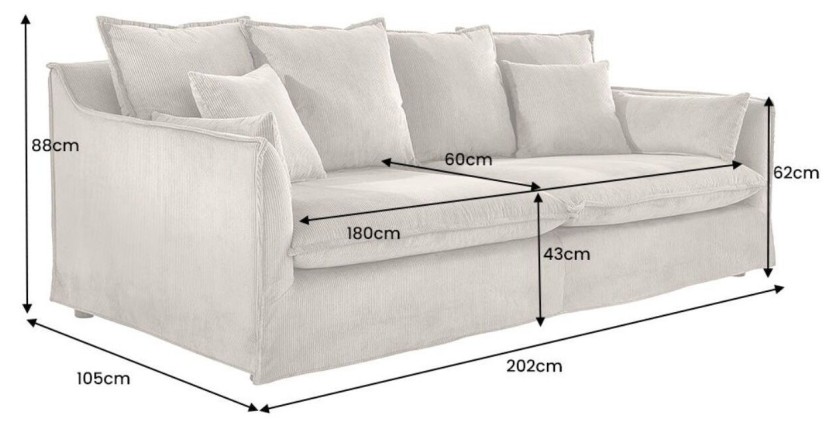 Dimensions du canapé droit KALIA en tissu côtelé beige gris mis en situation