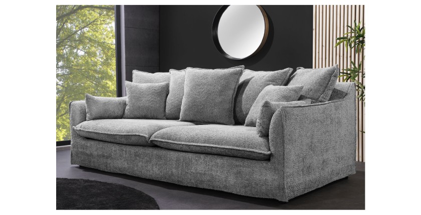 Canapé droit KALIA en tissu bouclette gris vu de côté