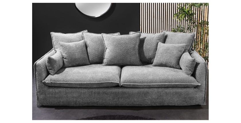 Canapé droit KALIA en tissu bouclette gris vu de face