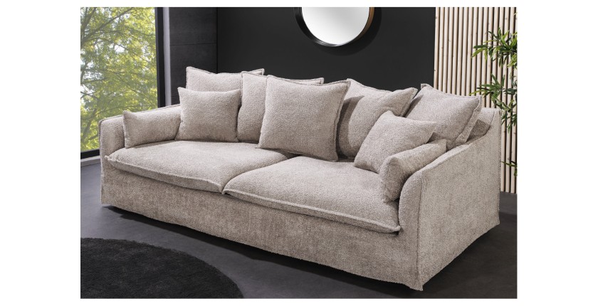 Canapé derecho KALIA – Tela rizo beige champán – 3 plazas – Estilo contemporáneo