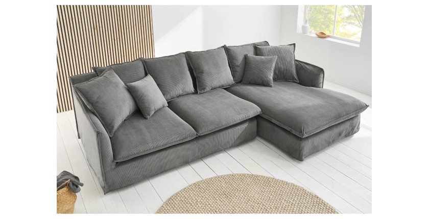 Canapé d'angle KALIA en tissu côtelé gris mis en situation