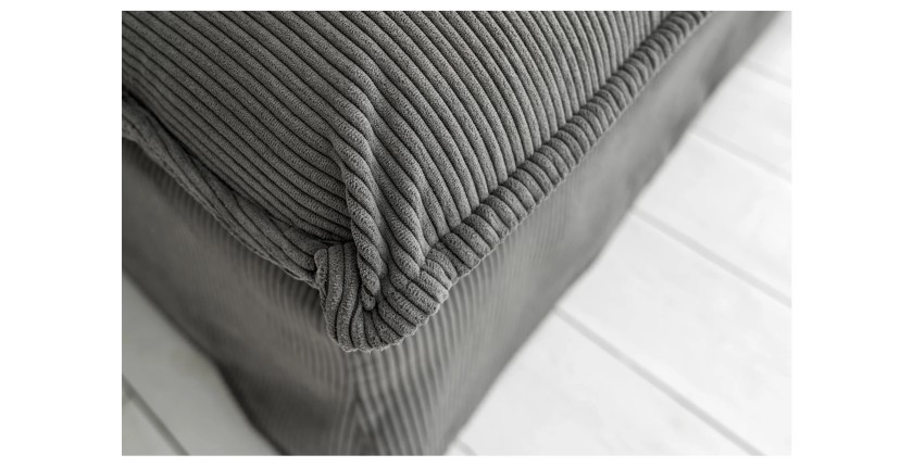 Zoom sur l'un des angles du canapé d'angle KALIA en tissu côtelé gris