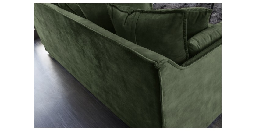 Zoom sur le dossier du canapé droit KALIA velours vert