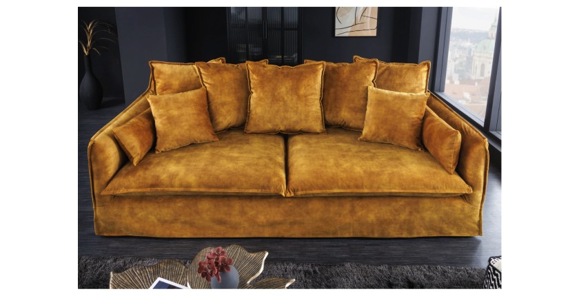 Canapé droit KALIA en velours jaune moutarde vu de face