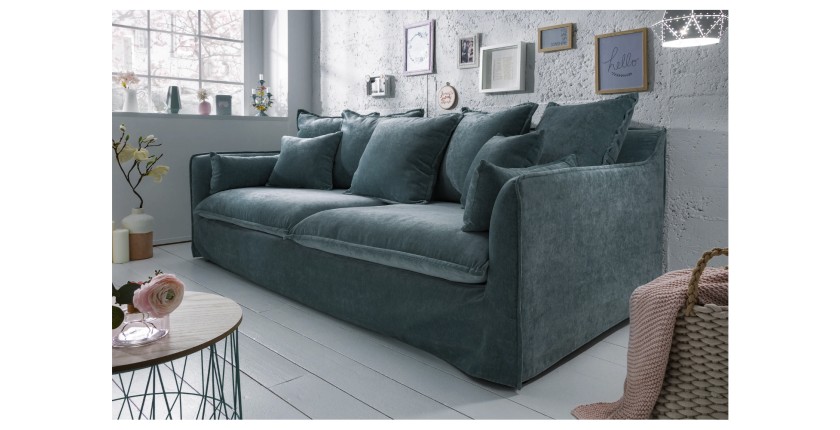 Canapé droit KALIA bleu canard vu de côté en situation