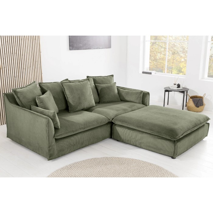 Canapé droit et pouf KALIA en tissu côtelé vert mis en situation