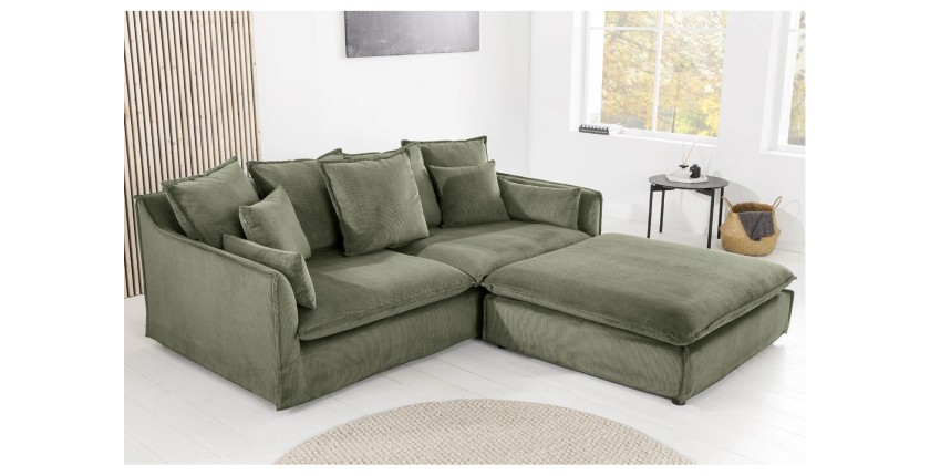 Canapé droit et pouf KALIA en tissu côtelé vert mis en situation