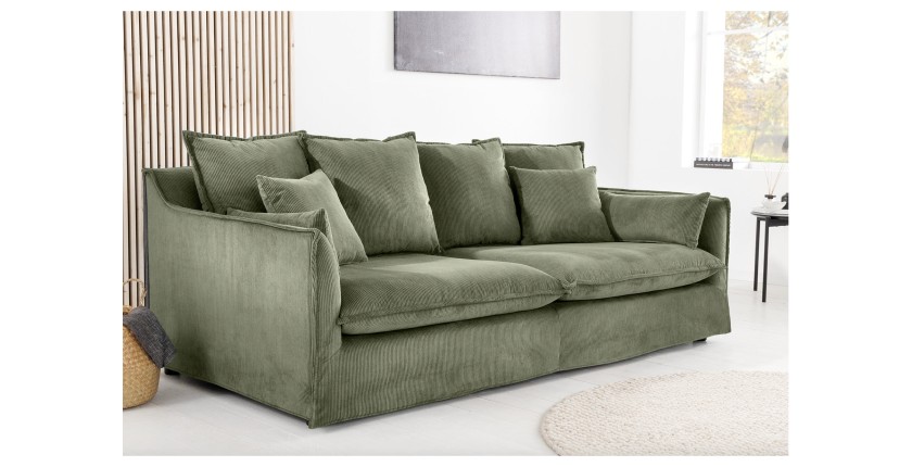 Canapé droit KALIA en tissu côtelé vert mis en situation