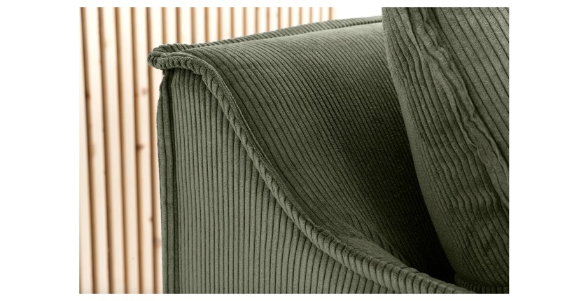 Zoom sur l'angle du canapé droit KALIA en tissu côtelé vert