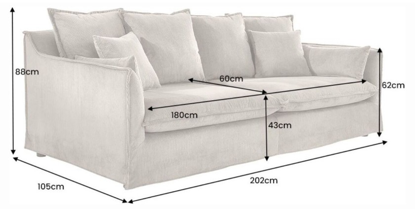 Dimensions du canapé droit KALIA en tissu côtelé vert