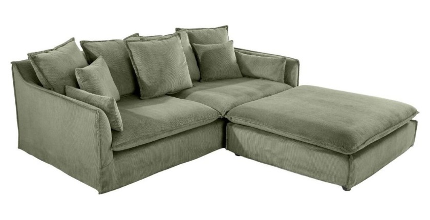 Canapé droit et pouf KALIA en tissu côtelé vert