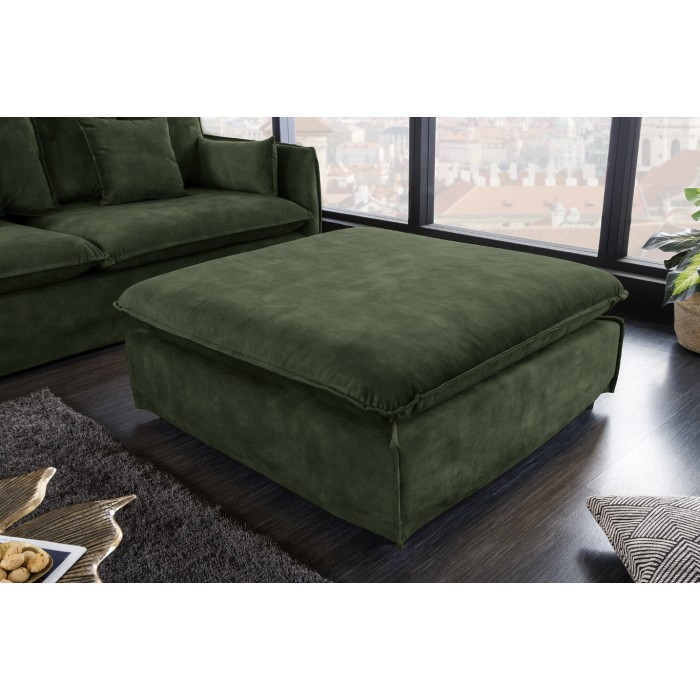 Zoom sur le pouf du canapé droit et pouf KALIA en velours vert foncé