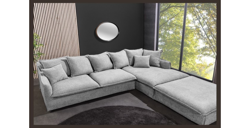 Canapé d'angle et pouf KALIA en tissu bouclette gris mis en situation