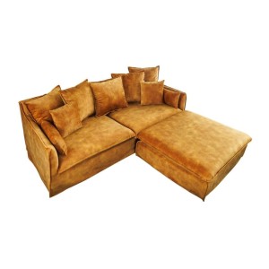 Canapé droit et pouf KALIA en velours jaune moutarde