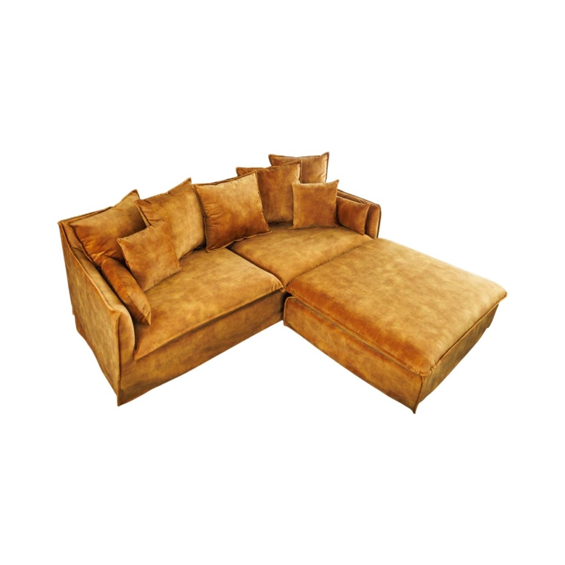 Canapé droit et pouf KALIA en velours jaune moutarde