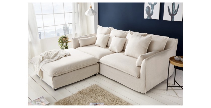 Canapé droit et pouf KALIA blanc mis en situation