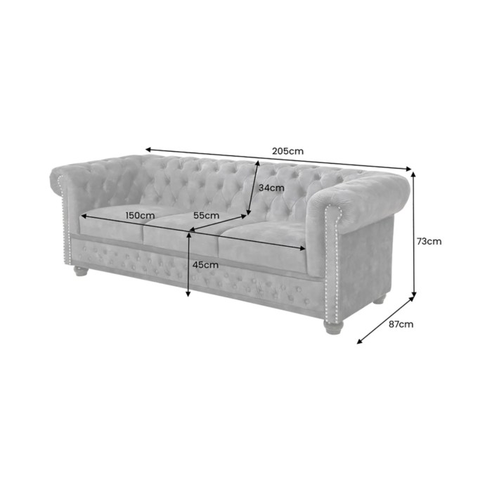 Sofa recht EDGAR - Donkergrijs - 3-zits - Fluweel barokstijl